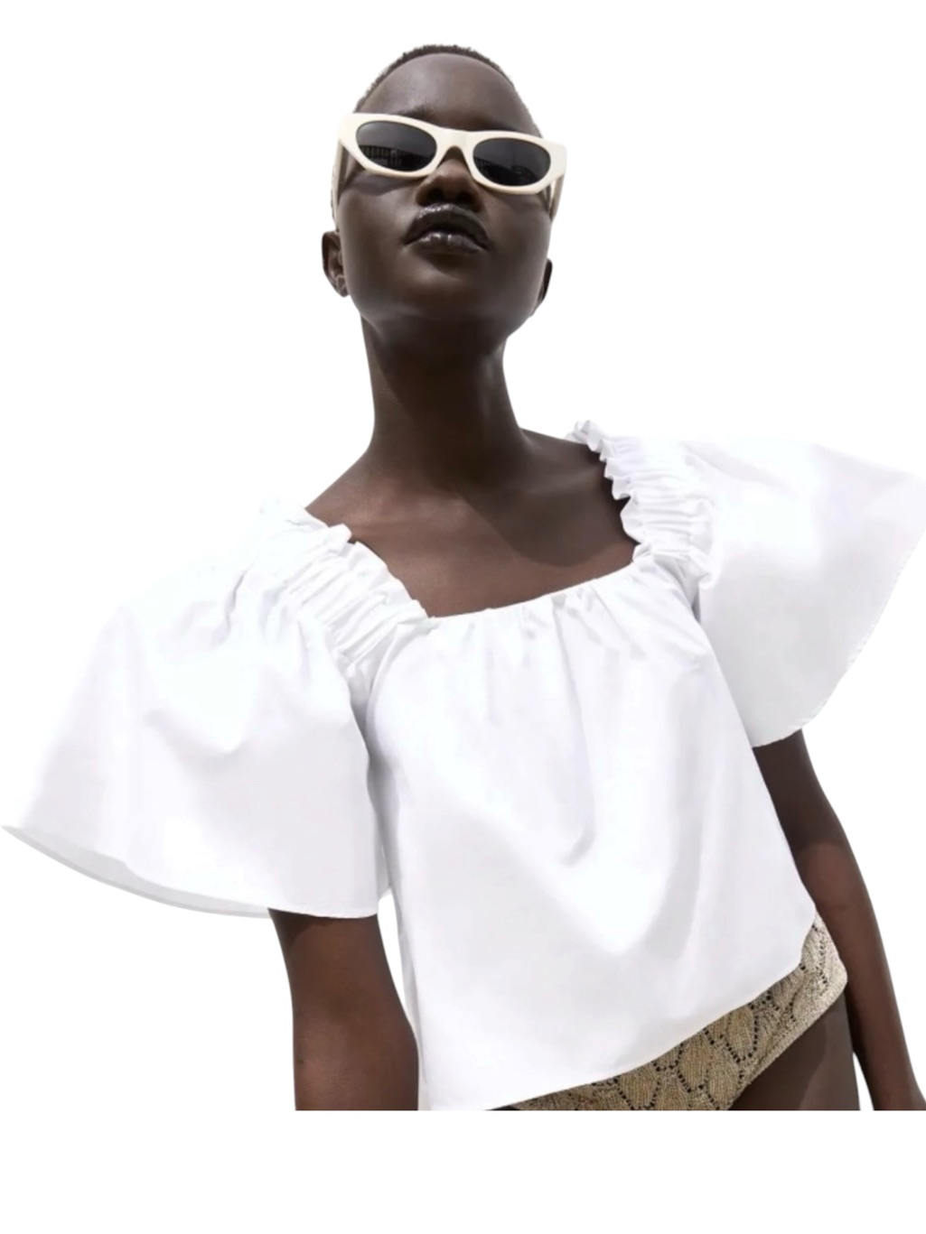 Zara White Poplin Puff Sleeve Crop Top Feminine Coastal